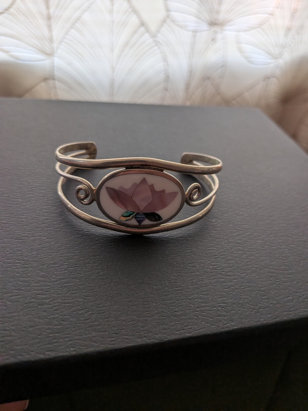 Vintage Mexican Alpaca Silver Inlay Lotus Cuff Bracelet
